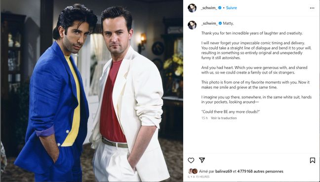 El actor David Schwimmer rindió homenaje a Matthew Perry publicando una foto en Instagram de uno de sus 